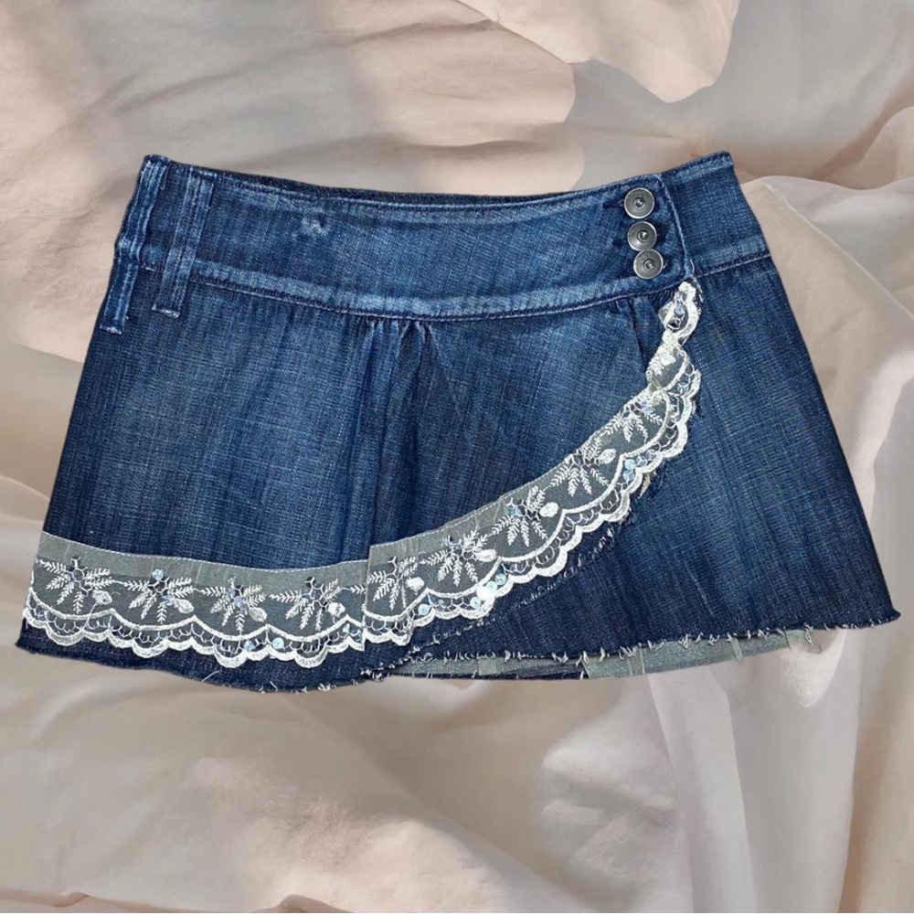 Denim Mini Skirt with Lace Trim